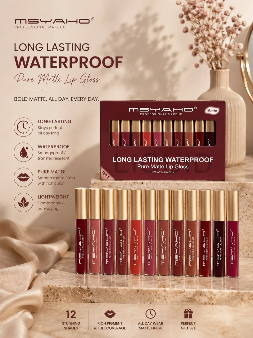 MSYAHO Long‑Lasting Pure Matte Lip Gloss – Pack of 12 Shades